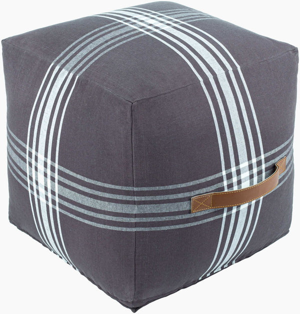 Surya Jackson Cozy Rustic 16" Pouf - Durable Cotton & Linen Design For Chic Home Decor, India-made Black Cotton,Linen,Faux Leather,Cotton,Linen,Polybeads Jkpf001-161616