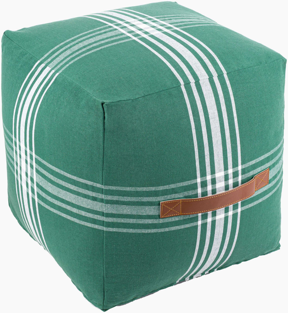 Surya Jackson Cozy Rustic 16" Pouf - Durable Cotton & Linen Design For Chic Home Decor, India-made Dark Green Cotton,Linen,Faux Leather,Cotton,Linen,Polybeads Jkpf002-161616