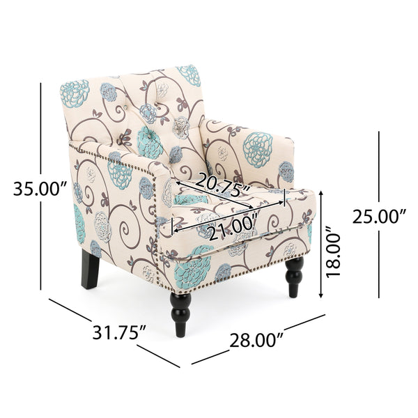 English Elm Christopher Knight Home® - HARRISON Tufted Club Chair with Diamond-Stitched Back, Nailhead Trim and Turned Birch Legs for Comfort and Style White+Blue 53444.00FWBLU