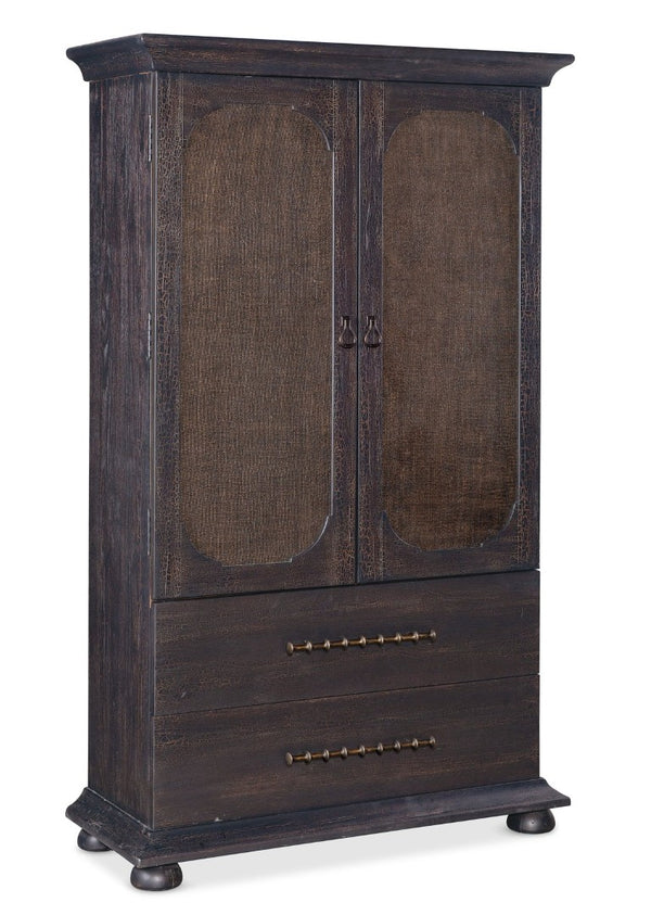 Hooker Furniture Big Sky Small Wardrobe — Charred Timber Pecky Hickory Armoire With Burlap Doors, Bronze Hardware, Vertical Storage 6700-90213-98
