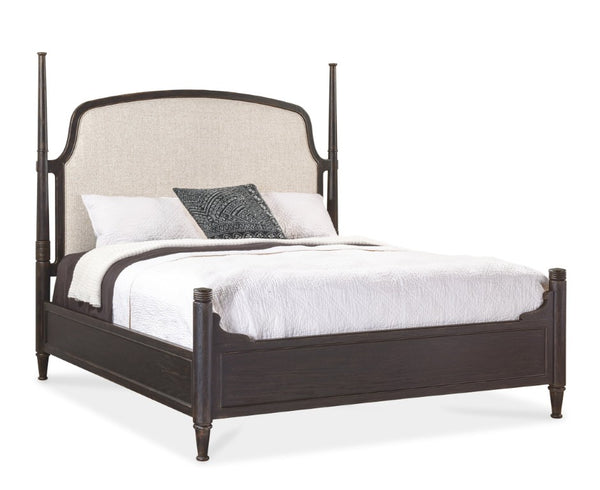 Hooker Furniture Americana King Upholstered Poster Bed With Creamy Headboard, Molasses Oak Finish, Carved Posts & Versatility 7050-90666-89