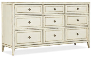 Hooker Furniture Sanctuary Anastasie Dresser Blanc Finish With Jewelry Hardware, Cedar & Felt‑Lined Drawers, 9‑Drawer Elegance 5865-90203-02