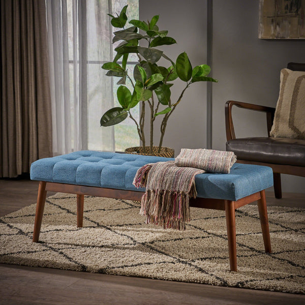 English Elm Christopher Knight Home® - Mid-Century Upholstered Storage Bench with Button-Tufted Top, Walnut Legs, Handcrafted Accent Seat Blue 61147.00BLU