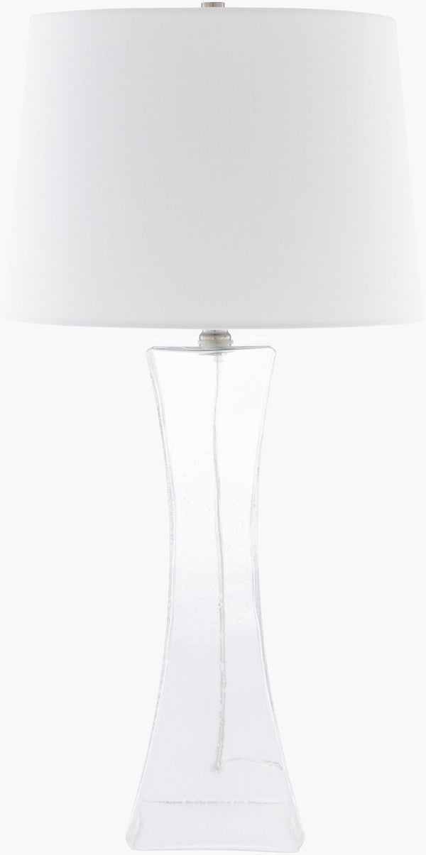 Surya Jaylee Modern Accent Table Lamp - 28" Stylish Glass & Metal Design With Warm Linen Shade Body, Clear,Shade, White,Finial, Metallic ,Nickel,Harp, Metallic ,Nickel,Cord, Translucent Glass,Linen,Iron Jle-001