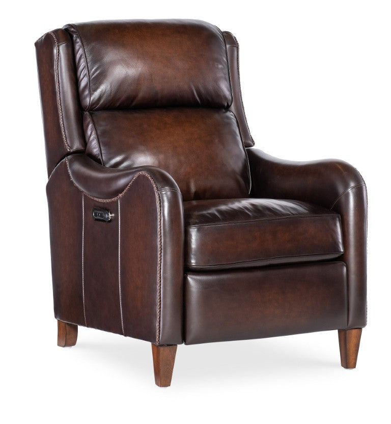 Hooker Furniture Carrington Vortex Leather Power Recliner With Usb, Power Headrest, Bustle Back & Dark Wood Legs RC819-PH-088