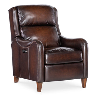 Hooker Furniture Carrington Vortex Leather Power Recliner With Usb, Power Headrest, Bustle Back & Dark Wood Legs RC819-PH-088