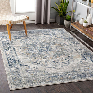 Livabliss Jolie Traditional Area Rug Turkey Woven Polypropylene Living Dining Room Accent Beige, Dark Blu 5'3" x 7' JLO2308-5373
