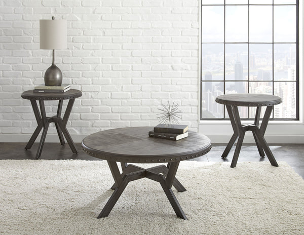 English Elm Steve Silver - Alamo Gray 3-Piece Table Set with Geometric Metal Base, Rivet Rim & Wood Tops — Industrial Chic B081S00356
