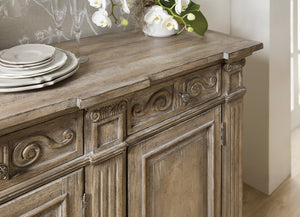 Hooker Furniture Castella Antique Slate 72" Credenza With Carved Acanthus, Scroll Motifs & Ample Adjustable Storage 5878-85001-80
