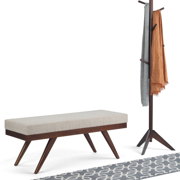 English Elm Chanelle Mid Century Ottoman Bench with Distressed Vegan Faux Leather, Solid Rubberwood Frame, 48" White B136P159225