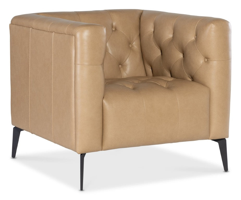 Hooker Furniture Nicolla Chesterfield-Inspired Stationary Chair In Texas Stone Top-Grain Leather With Matte Black Legs Brown SS637-01-070