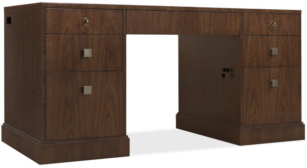 Hooker Furniture Archives Executive Desk In Classic Walnut With Satin Brass, 7-Drawer Storage, Cable Management Elegance 6123-10462-89
