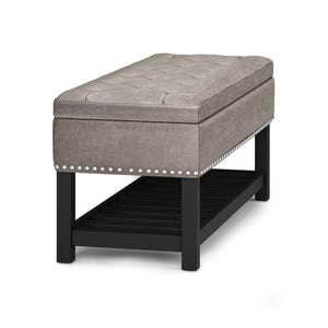 English Elm Lomond Storage Ottoman Bench - Distressed Grey Taupe With Tufting, Hidden Storage & Open Shelf B136P159125