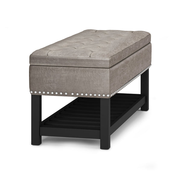 English Elm Lomond Storage Ottoman Bench - Distressed Grey Taupe With Tufting, Hidden Storage & Open Shelf B136P159125