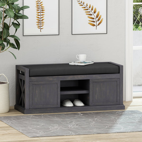 English Elm Christopher Knight Home® - Storage Bench Acacia Wood with Water-Resistant Padded Seat, Rustic X-Frame Shoe Organizer with 2 Doors and Shelves 66470.00DGRYBLK