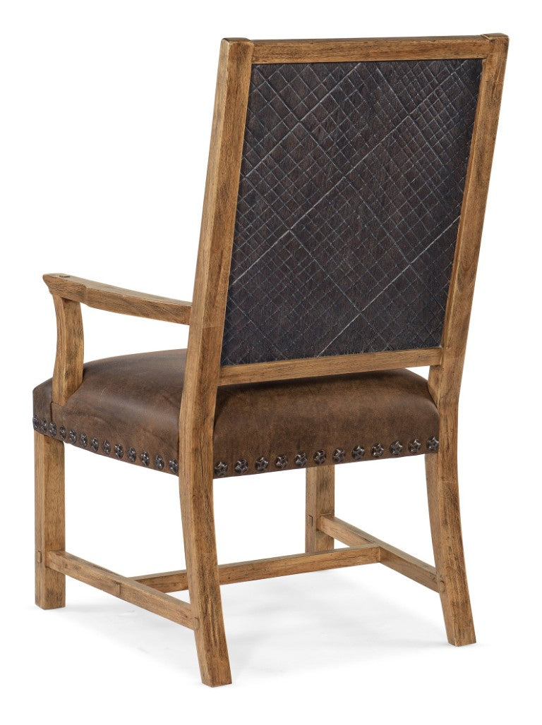 Hooker Furniture Big Sky Host Chair Rustic Aniline Leather Dining Host With Crosshatch Back, Nailhead Trim, Hickory Finish 6700-75300-80