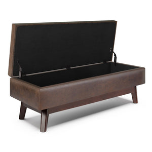 English Elm Owen Rectangular Storage Ottoman - Mid-Century Design In Distressed Chestnut Brown Faux Leather B136P159182-GIGA