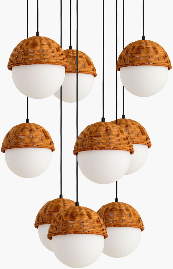 Surya Janze Iron and Rattan Chandelier Art Deco Woven Shade Ambient Dining Room Light JNZ-001