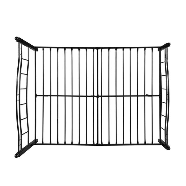 English Elm Queen Iron Platform Bed Camelback Headboard Geometric Finial Posts Victorian Loft Style Black 63298.00FBLK-Q