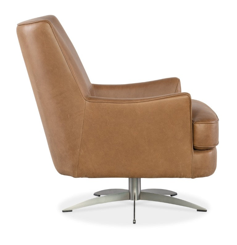 Hooker Furniture Sheridan Upholstered Swivel Chair In Nubuck Top Grain Denver Coffee Leather With Metal Base, 360° Light Brown CC715-SW-080