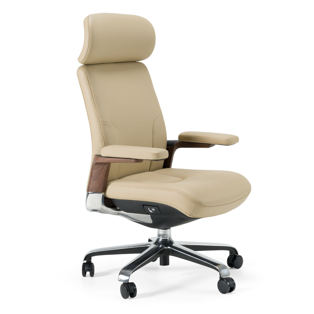Vig Furniture Modrest Johnson - Elegant Beige Leather Executive Office Chair With Walnut Accents For Comfort Beige  Vgfu-fk006-a-bge