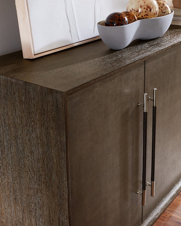 Hooker Furniture Modern Mood Entertainment Console With Quartered Oak Veneers, Raffia Doors, Soft-Close Storage & Power Medium Brown 6850-55482-89