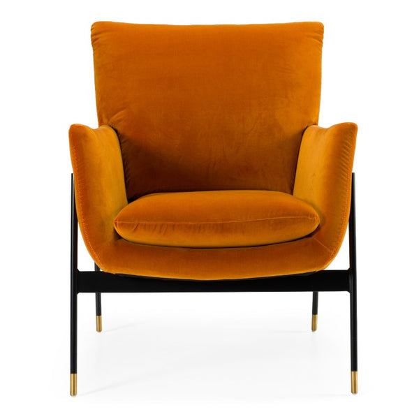 VIG Furniture Joseph Plush Orange Velour Accent Chair With High Convex Back, Black Metal Frame & Gold Caps VGKKKF.A002-ORG