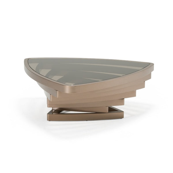VIG Furniture Jovial Triangular Brown Tempered Glass Coffee Table With Dark Gold Iron Base — Modern Sculptural Centerpiece VGFA-CT2041