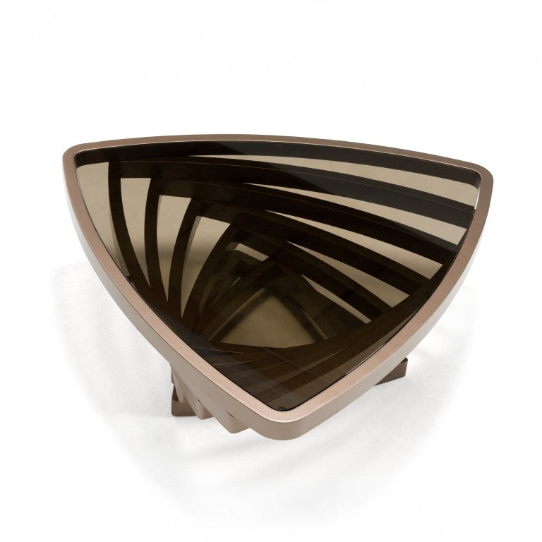 VIG Furniture Jovial Triangular Brown Tempered Glass Coffee Table With Dark Gold Iron Base — Modern Sculptural Centerpiece VGFA-CT2041