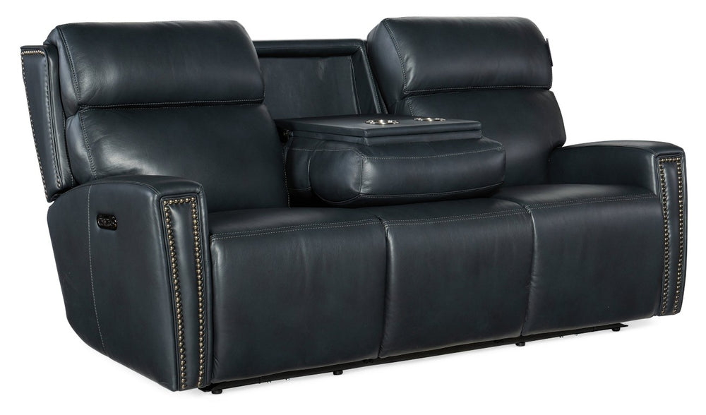 Hooker Furniture Ruthe Zerog Power Sofa With Salvo Denim Leather, Power Headrests, Usb, Nailhead Trim And Console SS704-PHZ3C-049