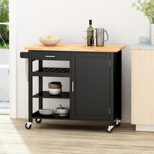 English Elm Christopher Knight Home® - Kitchen Island Cart with Solid Rubberwood Top, 41.75" Mobile Island with Drawer, Cabinet, Shelves & Wheels Black 67756.00NATBLK
