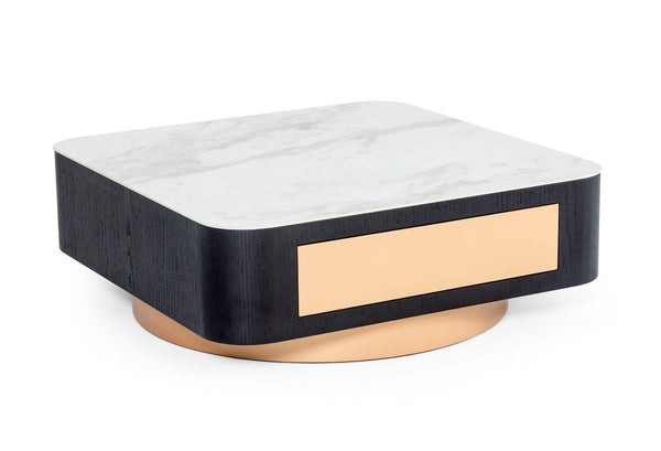 VIG Furniture Peak Black Oak Coffee Table With White Marble-Look Top, Rose Gold Drawer & Glam Accents — 35" Sq VGHB350E