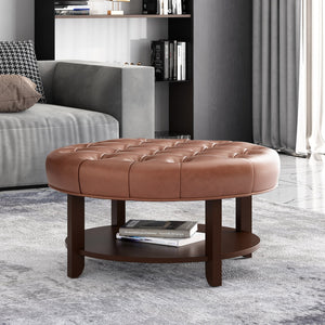 English Elm Round Tufted Pu Leather Ottoman with Open Shelf Storage for Living Room Light Brown 71589.00COGN