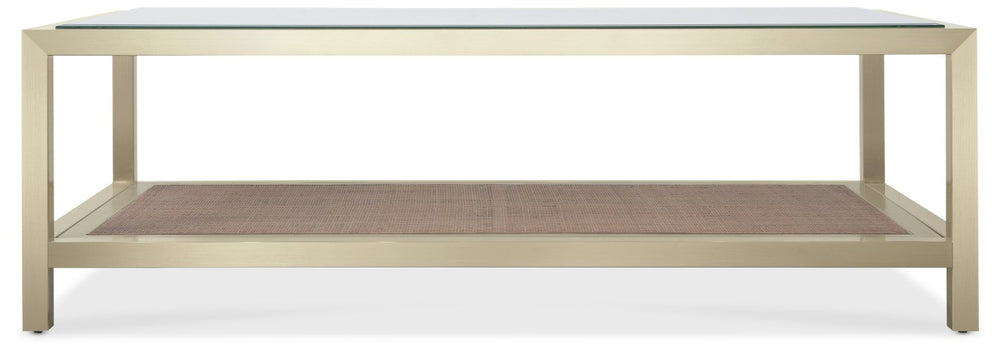 Hooker Furniture Melange Polished Steel & Cane Cocktail Table With Tempered Glass Top, Lower Cane Shelf, Transitional Style 628-80560-15