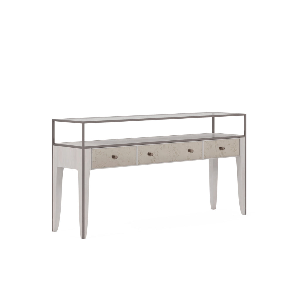 A.R.T. Furniture Mezzanine Console Table In Dove Gray - Antique Mirror Drawers, Glass Top & Stylish Storage Solutions Light Gray Parawood And Poplar Solids,Maple Veneer,Mirror,Glass,Steel 325327-2249