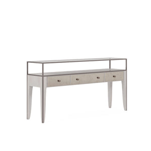 A.R.T. Furniture Mezzanine Console Table In Dove Gray - Antique Mirror Drawers, Glass Top & Stylish Storage Solutions Light Gray Parawood And Poplar Solids,Maple Veneer,Mirror,Glass,Steel 325327-2249