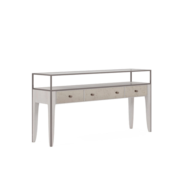 A.R.T. Furniture Mezzanine Console Table In Dove Gray - Antique Mirror Drawers, Glass Top & Stylish Storage Solutions Light Gray Parawood And Poplar Solids,Maple Veneer,Mirror,Glass,Steel 325327-2249