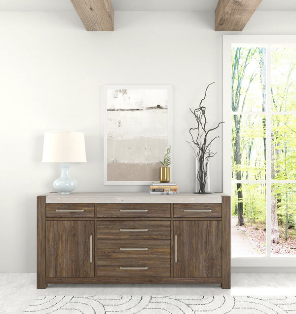 A.R.T. Furniture Stockyard Credenza: Transitional Style With Smoked Finish, Travertine Top, And Ample Storage Solutions Brown Ash Solids,Knotty White Oak Veneers,Travertine 284252-2303