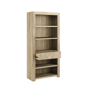 A.R.T. Furniture Garrison Bookcase - Elegant Washed Oak Storage With Adjustable Glass Shelves & Touch Dimmer Light Brown Parawood Solids With Ash Embossing,White Oak Veneers,Glass 322401-1302