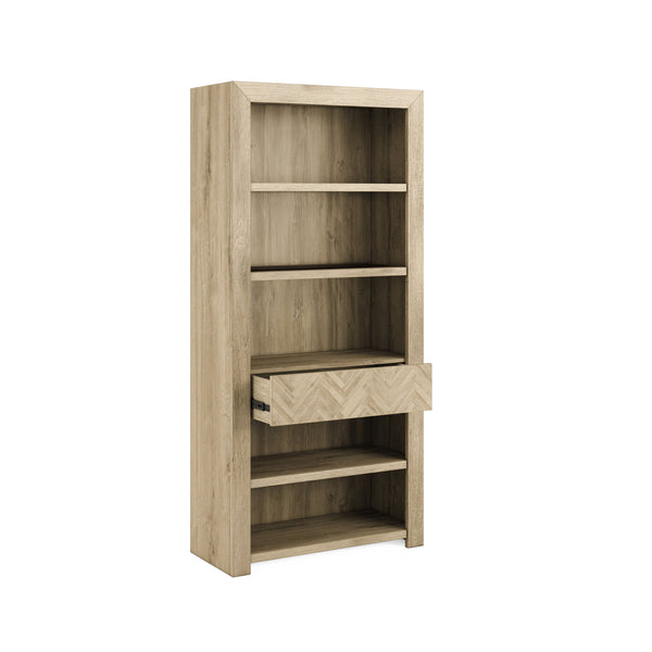 A.R.T. Furniture Garrison Bookcase - Elegant Washed Oak Storage With Adjustable Glass Shelves & Touch Dimmer Light Brown Parawood Solids With Ash Embossing,White Oak Veneers,Glass 322401-1302