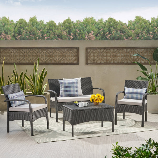 English Elm Christopher Knight Home® - CORDOBA PE Rattan 4-Pc Wicker Chat Set with Cushions, Iron Legs & Waterproof Fabric Comfort Grey 57458.00GRY