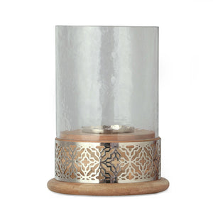 English Elm Christopher Knight Home® - LATTICE Mango Wood Hurricane Candle Holder with Ripple Glass, Handcrafted Boho Accent, Nickel Trim 72065.00