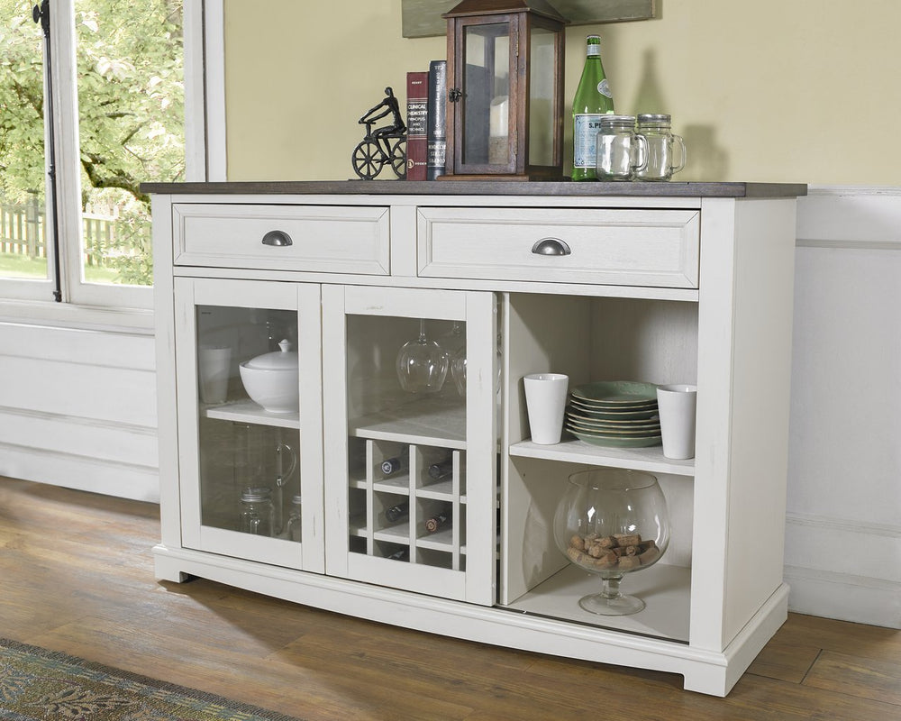 English Elm Steve Silver - Cayla Two-Tone Server in Dark Oak & Antiqued White — Hardwood Solids, Felt-Lined Drawers, Glass Doors B081P157128