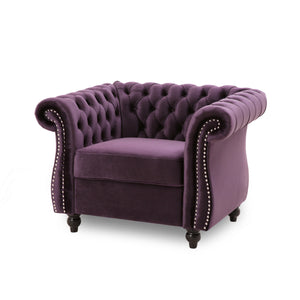 English Elm Christopher Knight Home® - Chesterfield Velvet Club Chair with Birch Wood Legs — Luxurious Textures, Deep Comfort, Elegant Accent Seating Dark Purple 34.75 L x 34 W x 24.75 H 66583.00BLKBRY