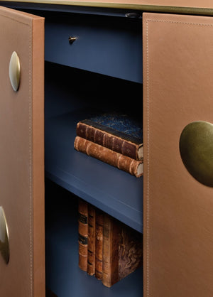 Hooker Furniture Melange Luxe Leather Hall Chest With Gold Circle Accents, Soft-Close Doors, Adjustable Shelves 628-85722-85