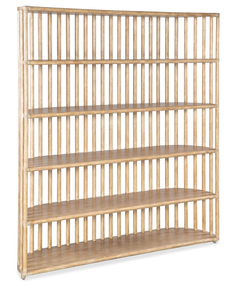 Hooker Furniture Retreat Slatted Bookcase With Curved Sides & Rope Accents — Dune Oak Veneer, Freestanding Display Shelf Light Wood 6950-10446-80