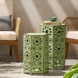 English Elm Eliana Outdoor Iron Nesting Side Tables with Sunburst Cutout and Crackle Finish Patio Accent Set Green 69740.00CGRN