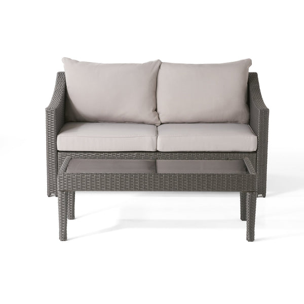 English Elm Christopher Knight Home® - ANTIBES RATTAN LOVESEAT SET WITH SIDE TABLE – Weatherproof PE Wicker, Iron Frame, Compact Patio Seating Grey 57088.00SETGRY