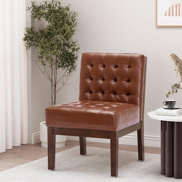 English Elm Christopher Knight Home® - Accent Chair Cognac Upholstered Tufted Waffle Stitch PU with Dark Espresso Rubberwood Legs, Cozy Midcentury SELLER 70753.00COGN