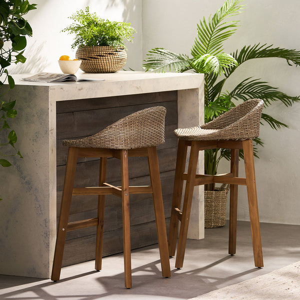 English Elm Christopher Knight Home® - CALERA Beeson 30" Barstool Set of 2 — Acacia Wood Legs, Water-Resistant Wicker Seats, 300 lb Capacity 73532.00MLBRN